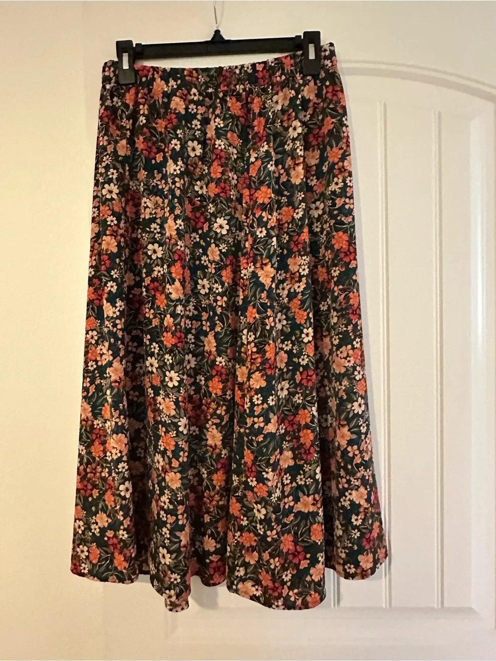 Floral A-Line Midi Skirt in Deep Green and Rust Tones